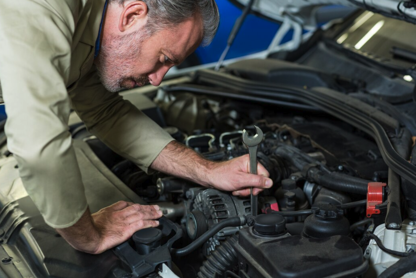 Certified Cruz Automotive mechanic tightening components under the hood